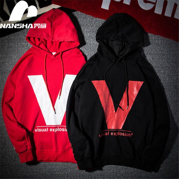 

nansha brand men hip hop thick hoodies sweatshirt retro v print hooded pullover streetwear winter cotton hoodies oversized, Black