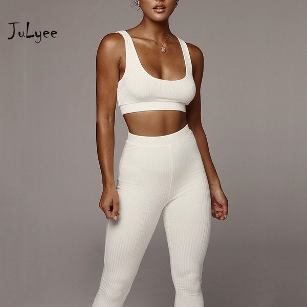 

julyee women set cotton solid o-neck sleeveless short and elastic waist long pant seamless knitted sportwear suits, White
