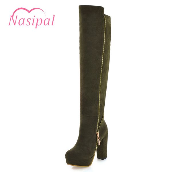 

nasipal plus size knight boots thick high heels round toe platform long boots zipper botas mujer ladies fashion footwear v289, Black
