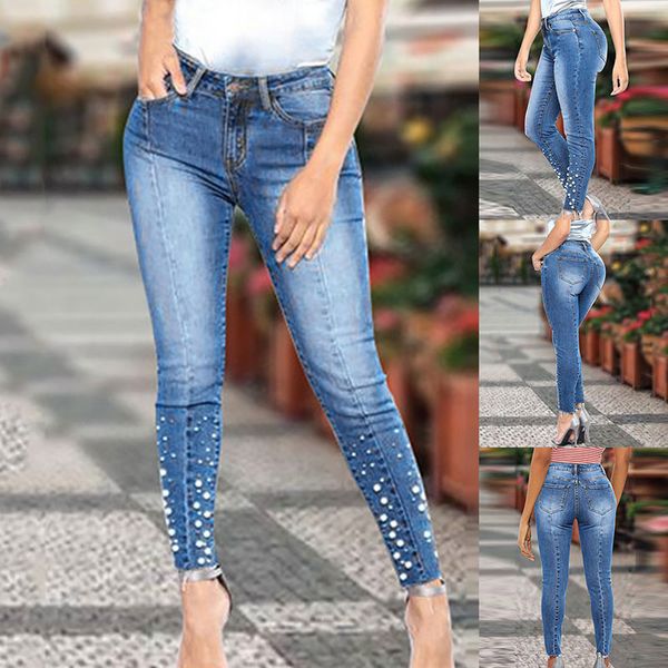 

2020 new blue jeans pencil pants women mid waist slim pearl skinny denim jeans woman casual stretch skinny trousers female