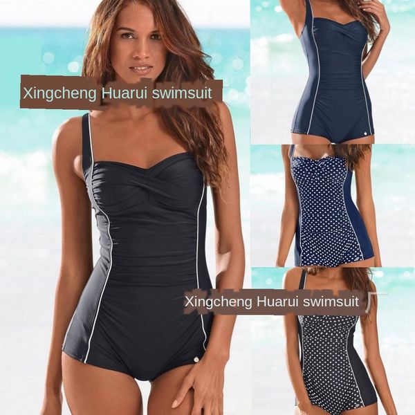 

one-piece large size swimsuit polka dot printing boxer bag large size tight swimsuit female, White;black