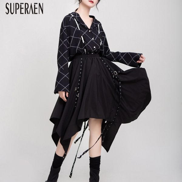 

superaen europe irregular skirt female 2019 autumn new solid color women skirts elastic waist wild casual skirts female, Black