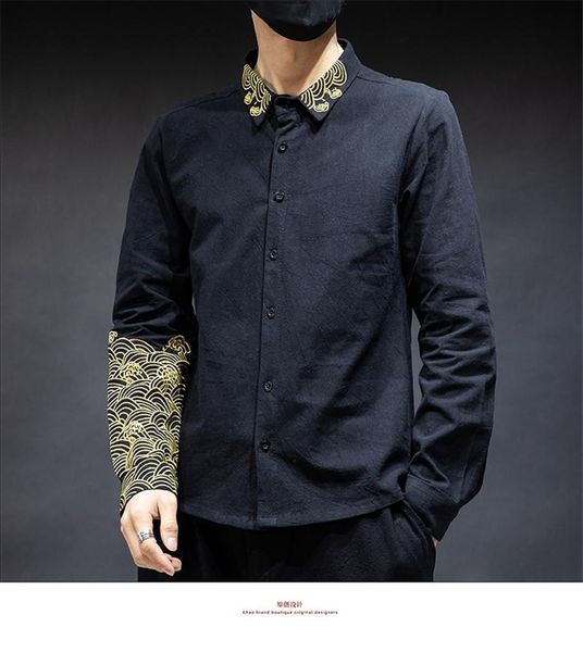 

chinese style mens designer shirts fashion slim embroidered panelled long sleeve mens shirts casual males clothing, White;black