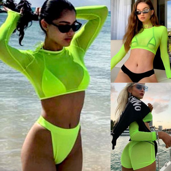 

green t shirt women see through transparent mesh long sleeve sheer slim ladies t-shirt fluorescent, White