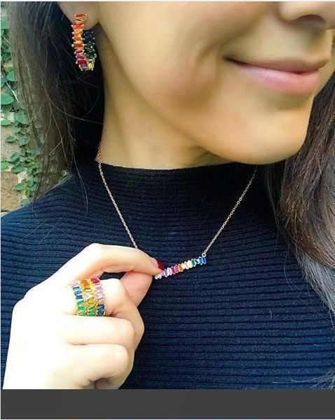 

2018 fashion rainbow jewelry gold plated colorful cubic zirconia trendy gorgous women jewelry set baguette cz earring necklace ring set, Black
