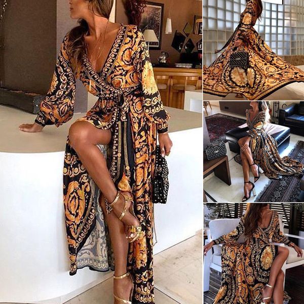

vintage women floral long maxi dress v neck long sleeve evening party summer beach sundress, Black;gray