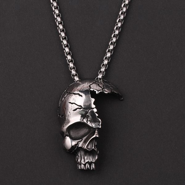 

broken damaged half face skull pendant necklace men's fashion biker rock punk jewelry antique silver color, chain length 60cm