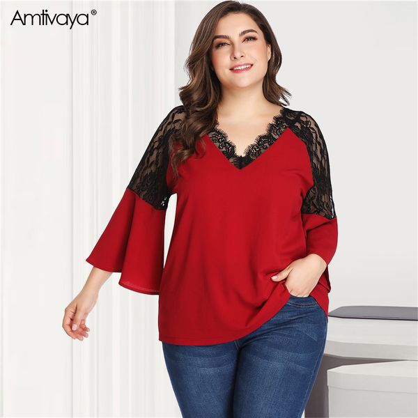 

amtivaya 2019 summer plus size chiffon for women loose casual lace long sleeve v neck big size red 3xl 4xl 5xl, White