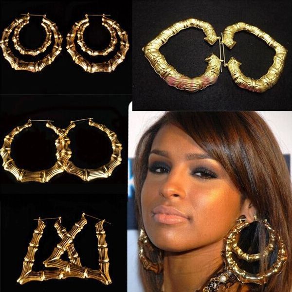

wholesale jewelry big large bamboo hoop earrings hip hop earrings 12pairs/lot, Golden;silver