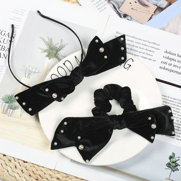 

bow tie hair ring headbands pearl velvet hair bands for women headband hair cut style headdress adigo, Black;brown