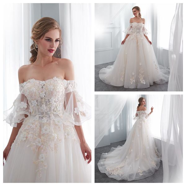 

off-shoulder half sleeve light champagne floral wedding dresses with lace flowers modern wedding dresses lace up back bridal dress, White