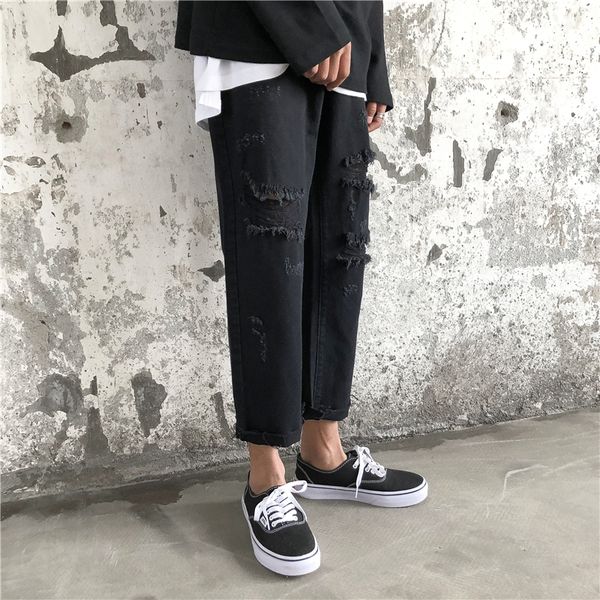 

summer new jeans men fashion washed solid color torn holes denim pants man streetwear hip hop loose casual wild trousers male, Blue