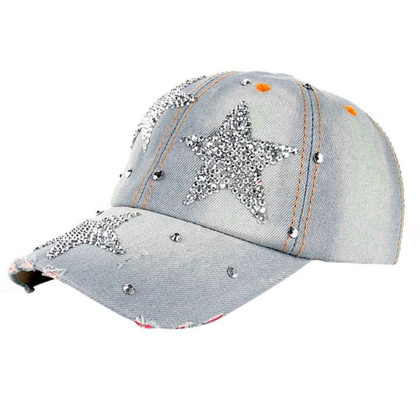 

women summer sun hats stars denim rhinestone baseball cap snapback hip hop flat hat chapeau femme ete cap #bl5, Blue;gray