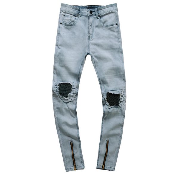 

fashion men ripped skinny biker jeans destroyed frayed slim skinny fit pants zipper ankle-length pencil jeans, Blue