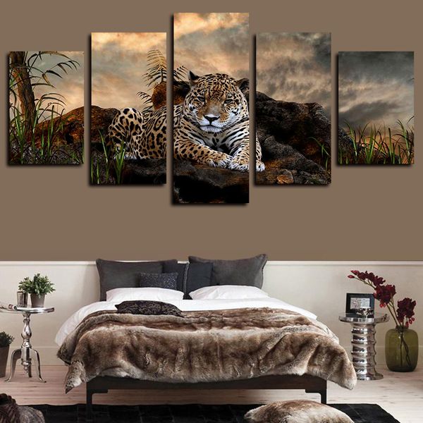 

5 panels animal leopard artworks giclee canvas wall art for home decor abstract poster hd canvas print oil painting