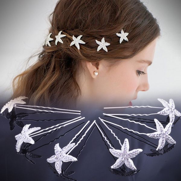 

6pcs/lot fashion cute elegant woman u-shaped silvery sea shell starfish hair clip pin wedding bride girl pin hair comb wholesale, Golden;white