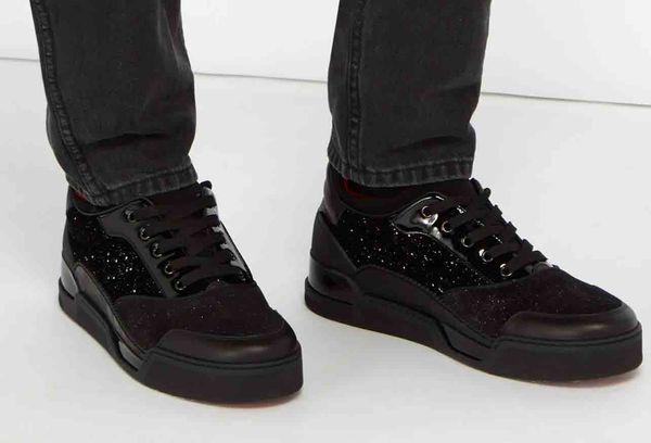 

italy designer red bottom sneakers casual sports men flat shoes mid cut aurelien glittered velvet and suede trainers 2019 new arrive, Black