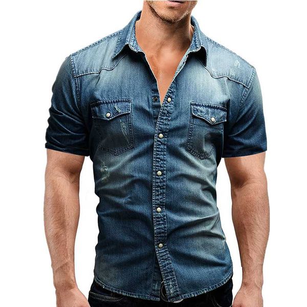 

men spring summer denim thin shirt short sleeve soft cotton two pockets slim slight elastic jeans cowboy shirt clothing, White;black