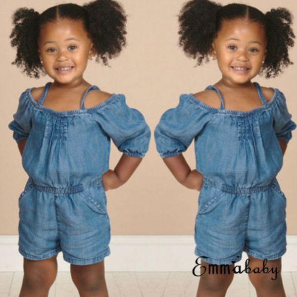

new kid girl wash denim romper baby toddler girls summer off shoulder short romper infnat denim jumpsuit summer children clothes, Blue