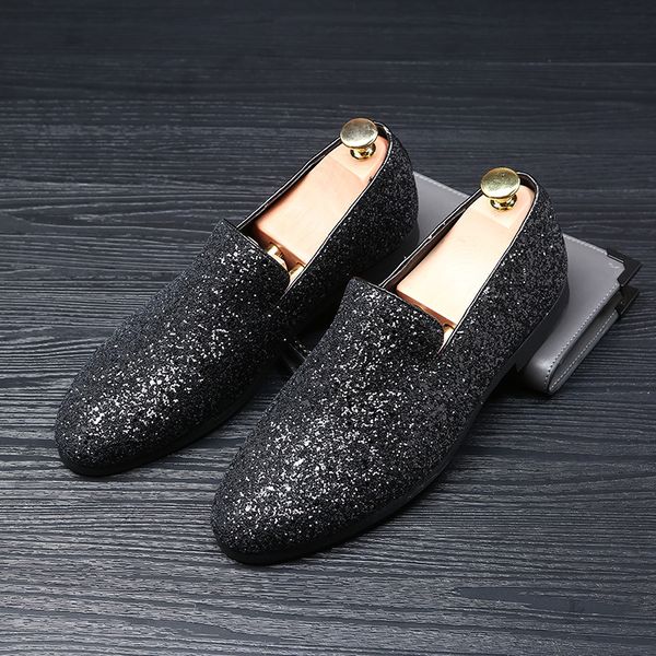 

men's glitter flat heel party wedding shoes doug pointed toe moccasin loafers leather slip-on black gold silver
