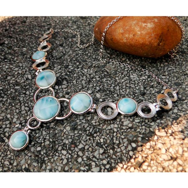 

dj ch rare volcanic blue larimar larimar gemstone y-shaped pendant necklace, healing crystal handmade sterling silver necklaces