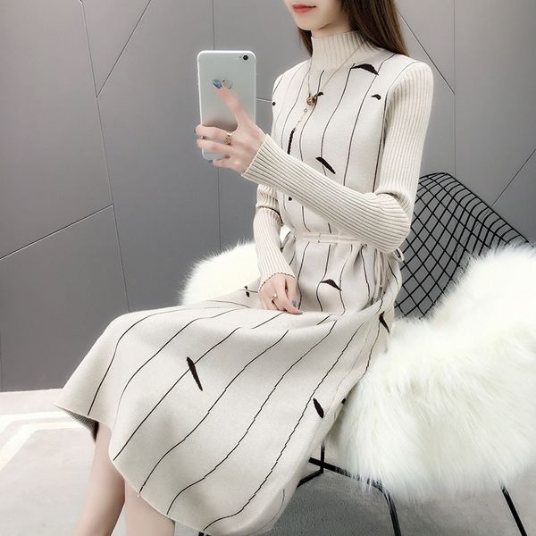 

long sleeve jersey dress women's mid-length slim fit slimming base underwear autumn 2019 new style half-turtle-neck sweater dres, White;black