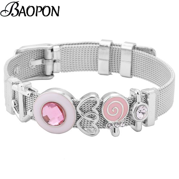 

baopon pink lollipop slide charm bracelet for women kids stainless steel heart to heart mesh bracelet bangles jewelry gift, Golden;silver