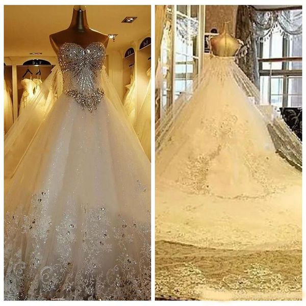 

sweetheart bling bling crystal a-line wedding dresses 2020 crystal chapel train luxurious bridal gowns lace up back vestidos de mariee, White