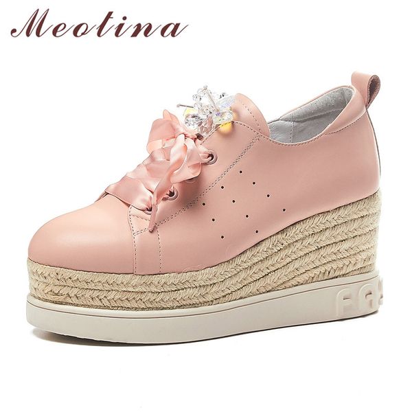 

meotina women pumps sheepskin high heels genuine leather platform wedge high heel shoes crystal round toe shoes ladies autumn 39, Black