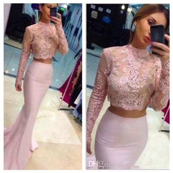 

fashion new baby pink two pieces mermaid bridesmaid dresses blush backless sheer long sleeves lace bodice fiesta prom evening gowns, White;pink