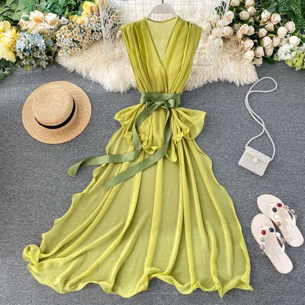 

women's blouses & shirts woman sleeveless deep v--neck lace up shirt european style solid irregular chiffon female 2021 summer, White