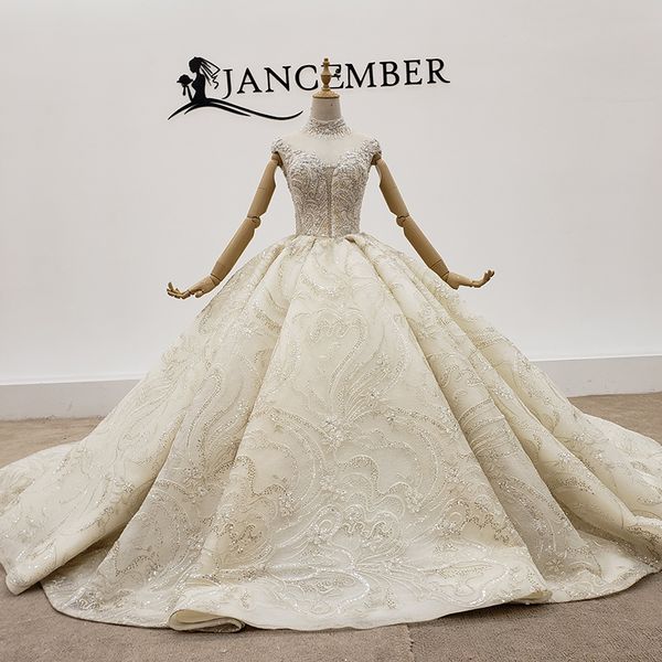 

lace wedding dress 2020 new illusion high neck beaded shining sequins sleeveless lace up back crystal elegant temperament robes de mariÃ©e, White
