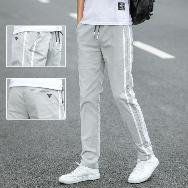 

mens designer 98% cotton stretch casual pants small straight tube youth slim breathable pants student pants thin, Black