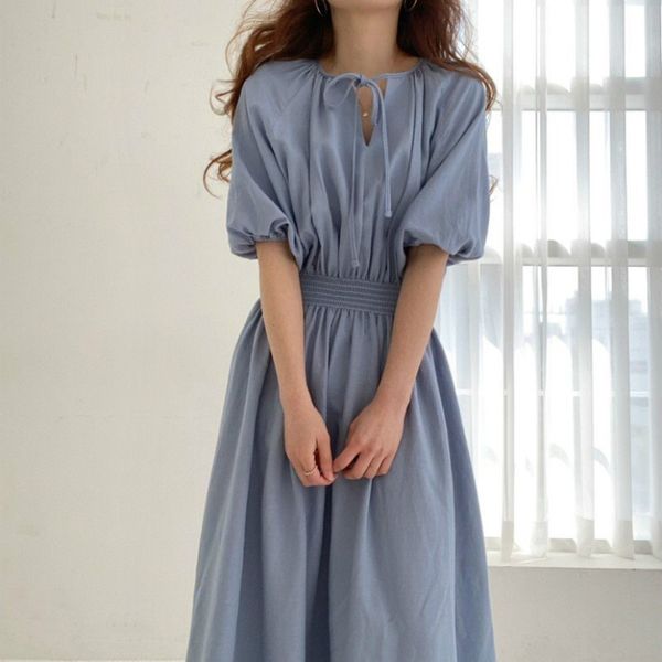 

women summer vintage blue elastic high waist a-line long dress elegant v neck puff sleeve midi sundress solid color, Black;gray