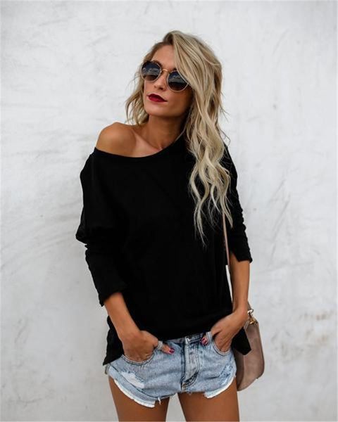 

autumn womens designer tshirt asymmetrical solid color irregular design long sleeve loose tshirt casual womens, White