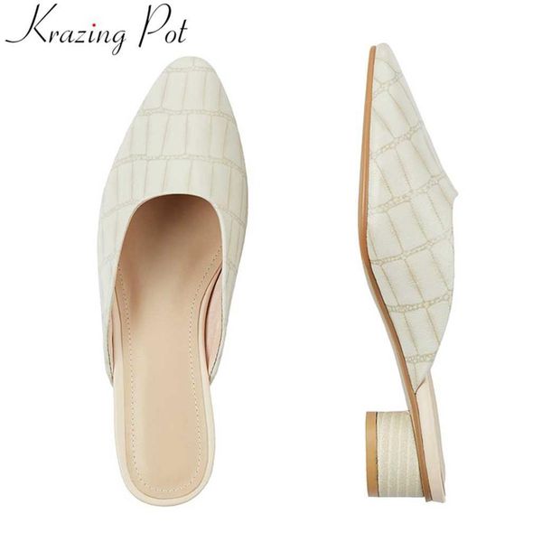 

krazing pot hollywood movie star full grain leather slip on mules round low heels vintage design square toe gathering pumps l05, Black