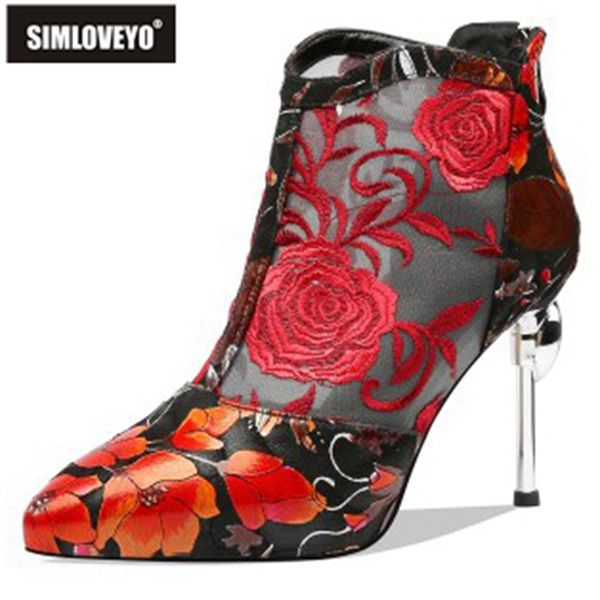 

simloveyo ladies noble ankle boots pointed toe 9.5cm thin heels zipper embroidered rhinestone big size 33-40 wedding b1938, Black