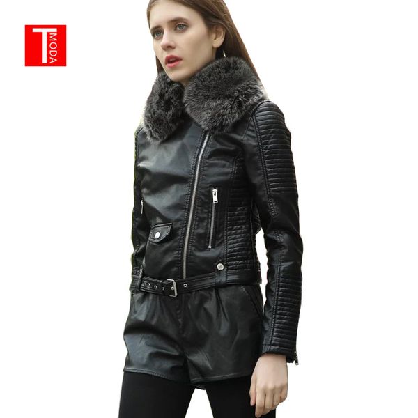

2018 women winter warm faux leather jackets with fur collar lady black motorcycle & biker outerwear coats