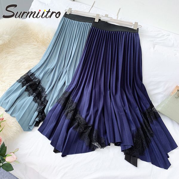 

surmiitro lace patchwork pleated long skirt women 2019 autumn winter korean ladies high waist blue green maxi skirt female, Black
