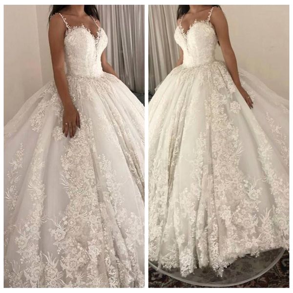 

2021 spaghetti strips ball gowns lace appliques wedding dresses chapel train vestidos de mariee custom bridal gowns lace up back vestidos, White