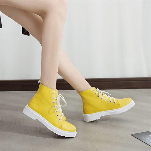 

cootelili botas women leather motocycle ankle boots wedges female lace up platforms autumn casual shoes woman yellow boots 35-40, Black