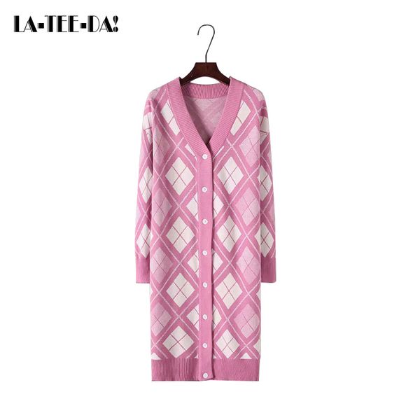 

ltd1198386 new single breasted buttons argyle cardigans sweater women knitted cotton female v-neck long vestidos, White;black