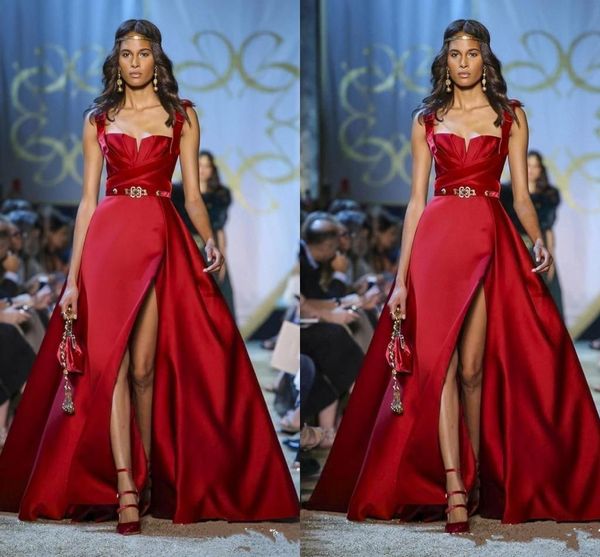 Elie Saab Alta Costura Vestidos de Noite Vermelho Espaguete A Linha Lado Dividir Vestido de Baile Formal Vestidos de Festa Especial Ocasião Vestido 2019