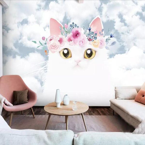 

dropship custom 3d wallpaper mural nordic cartoon cute kitten children room sky bedroom background wall decoration wallpaper