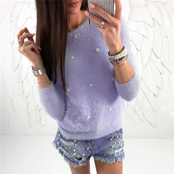 

autumn winter sweater women fashion faux pearl beading solid color sweaters plush long sleeve pullover warm sweater pull femme, White;black