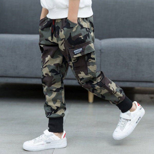 

spring children boys cotton sport pants casual camouflage printed teenage boys cargo pants kids trousers beam foot pants t200103, Blue