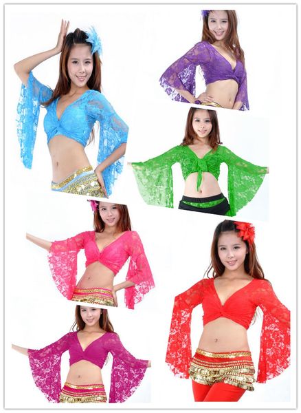 

13 candy colors belly dance clothes women lace front cross crop halter deep v neck flare sleeve top, Black;red