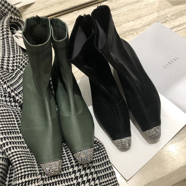 

2020 winter spring luxury women green black low heels sock boots designer high heel soft leather bling crystal boots party shoes
