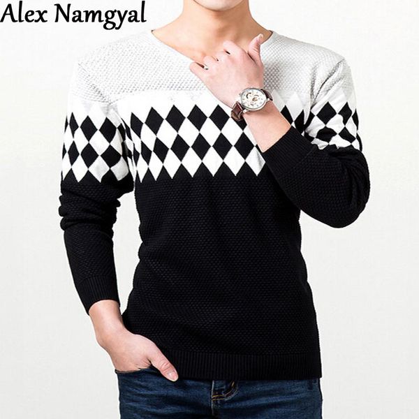 

alexnamgyal 2018 new winter men's fashion casual brand sweater men knitted diamond pineapple v-neck long-sleeved pullovers m06, White;black