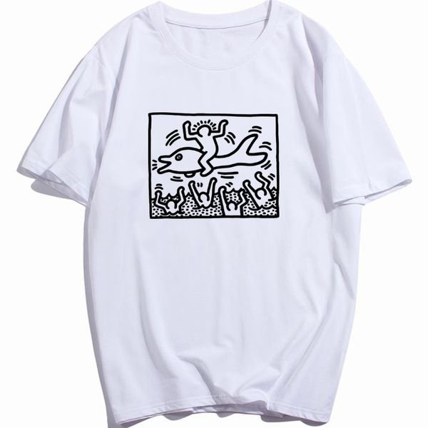 

keith haring man on a dolphin t-shirt men vintage cotton o neck customized with own logo t shirt wholesale, White;black
